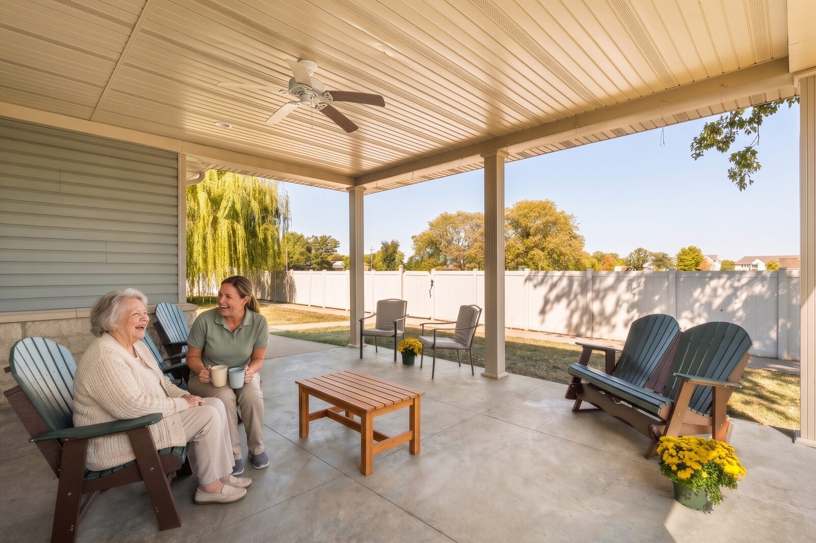 A resident and her adult daughter laughing together over coffee on the covered patio at Savoy Place