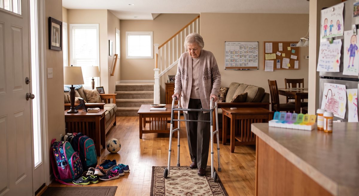 An elderly woman with a walker navigating a busy family home full of trip hazards